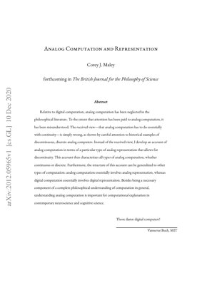 PDF Document Cover - Analog Computation and Representation: A Philosophical Analysis