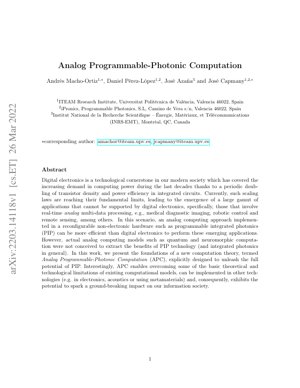 PDF Document Cover - Analog Programmable-Photonic Computation: Foundations and Applications