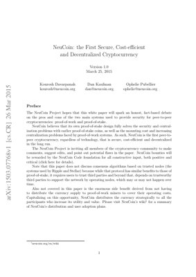 PDF Document Cover - NeuCoin: Secure, Cost-Efficient Decentralized Cryptocurrency White Paper Analysis